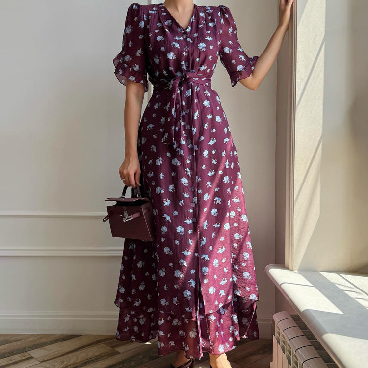 Print French Dress Women V neck Short Sleeve Single Breasted Dress Kigali