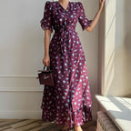 Print French Dress Women V neck Short Sleeve Single Breasted Dress Kigali