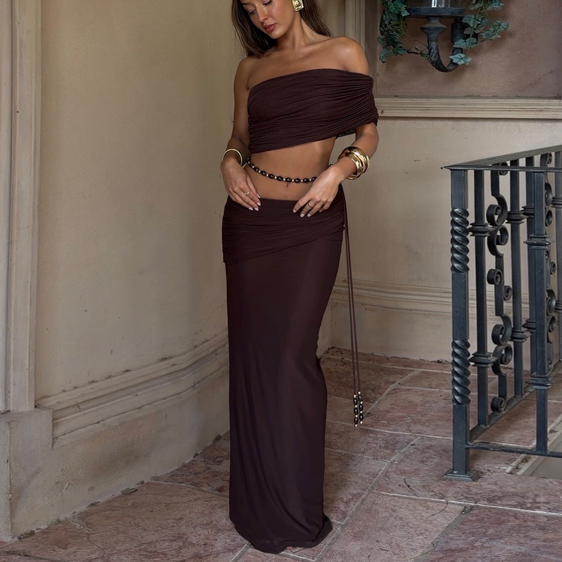 Spring Women Pleated Sexy Cropped Tank Top Low Waist Hip Wrapped Skirt Two Piece Sets Cecil