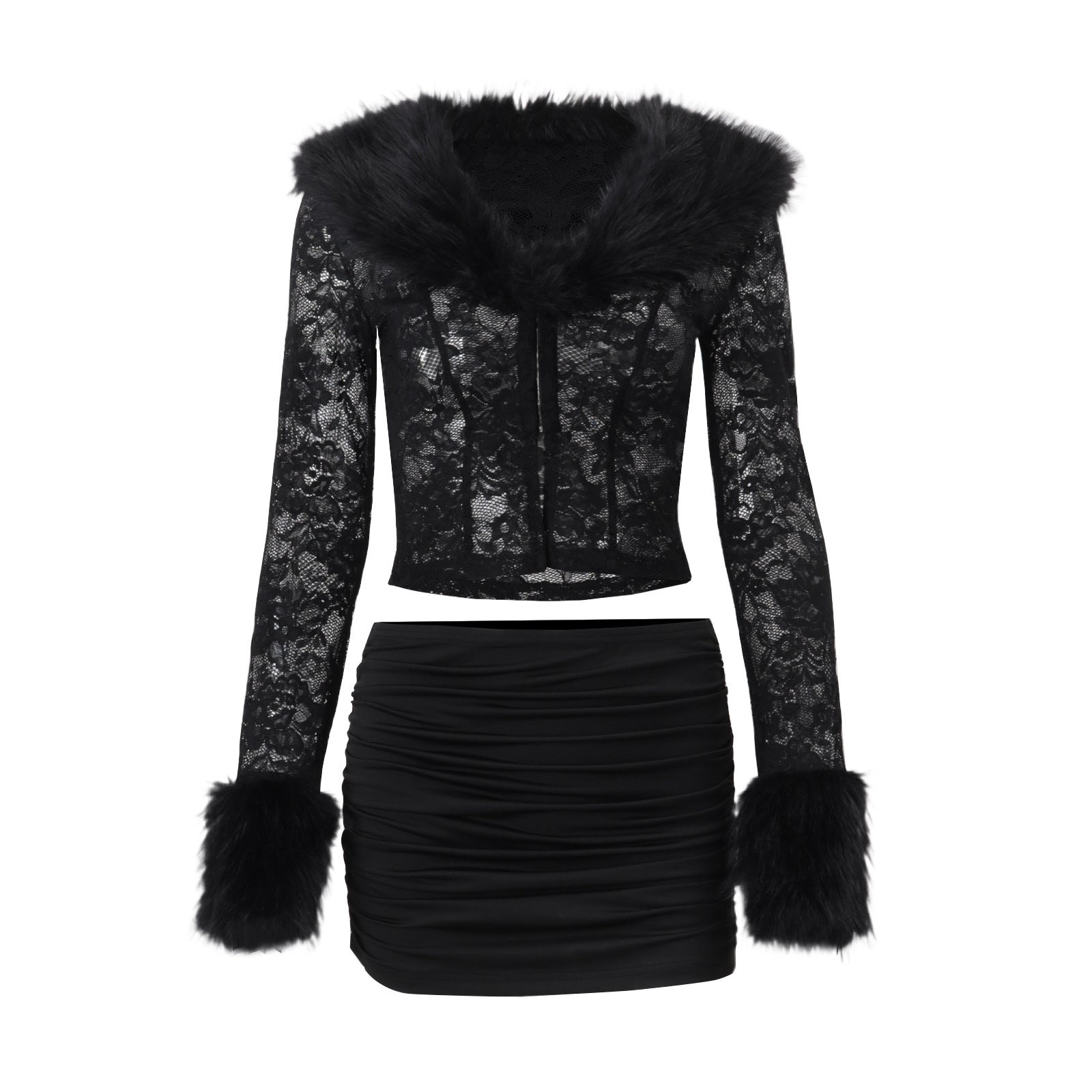Women Clothing Autumn Winter Street Lace Plush Long Sleeved Top Sexy Skirt Set Burgatti
