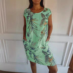 Women Clothing Summer Cotton Linen round Neck Printed with Pocket NICE