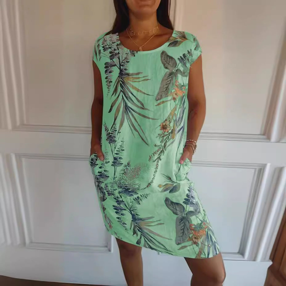 Women Clothing Summer Cotton Linen round Neck Printed with Pocket NICE