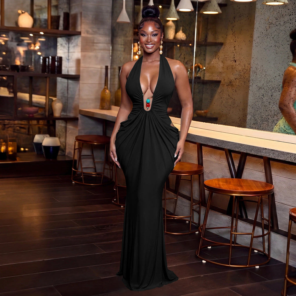 Women Clothing Elegant Halter V neck Sexy Backless Lace up Pleated Maxi Dress MOOYAA