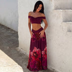 Women off Neck Peplum Top Floral Print Maxi Dress Casual Faux Two Piece Sets LEKINS
