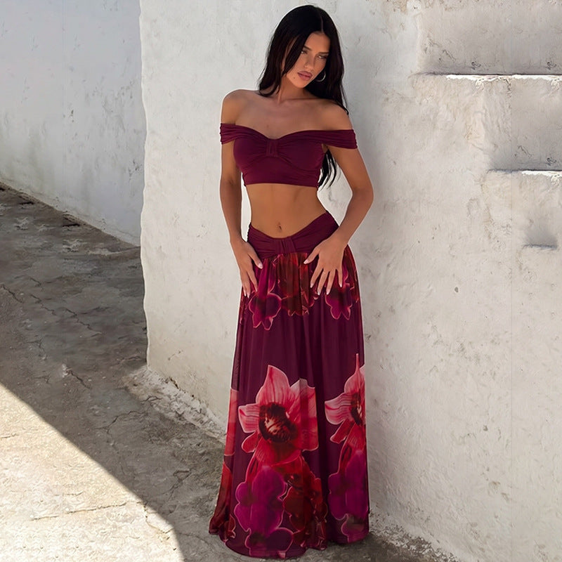 Women off Neck Peplum Top Floral Print Maxi Dress Casual Faux Two Piece Sets LEKINS