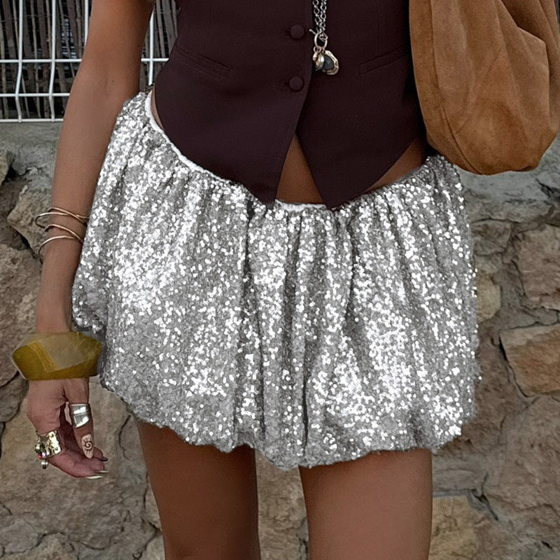 Sexy Sequ Bud Skirt Silver Elastic Personality Street Miniskirt Puffy Skirt LingSharp