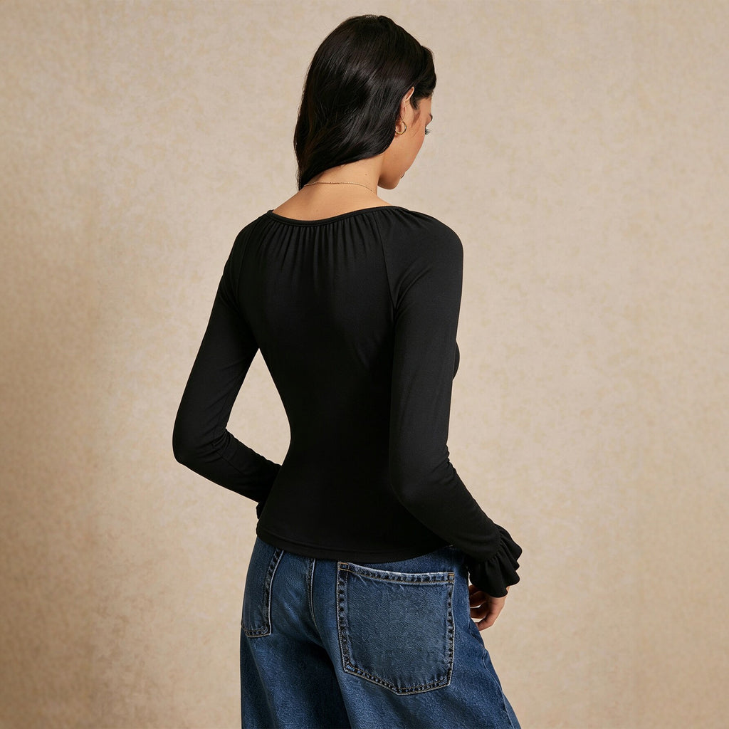 Square Collar Long Sleeve T shirt Women Lace Stitching Tied Waist Slimming Flared Sleeves Top Yiskiss
