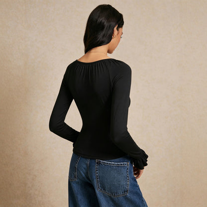 Square Collar Long Sleeve T shirt Women Lace Stitching Tied Waist Slimming Flared Sleeves Top Yiskiss