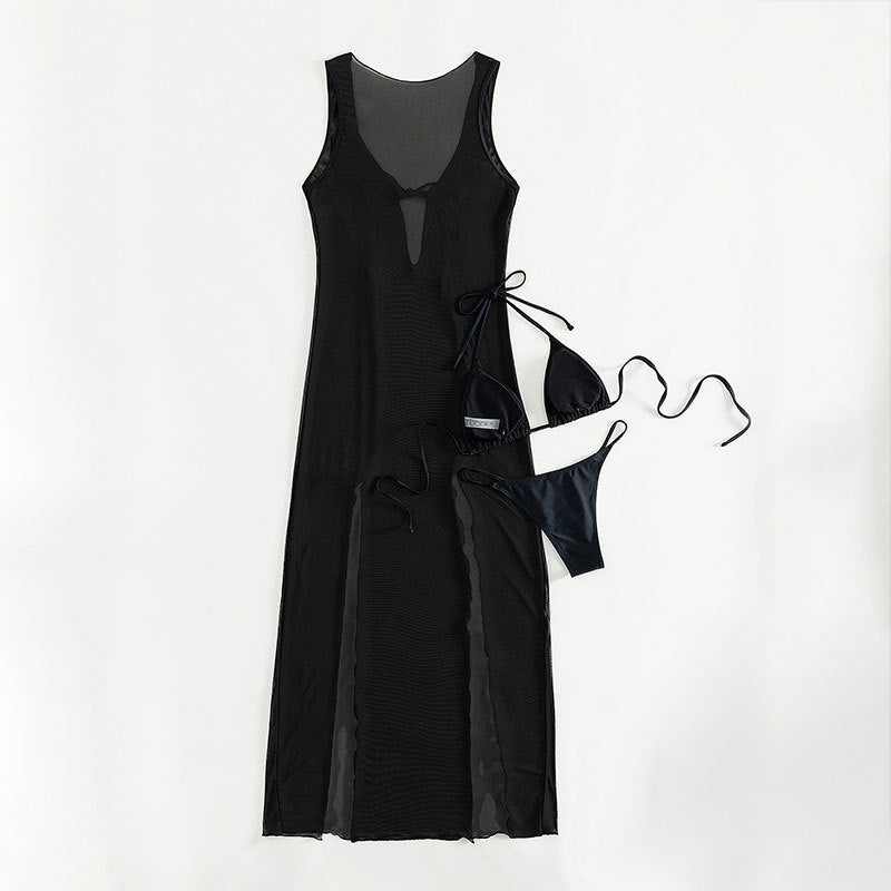 Robe longue de plage, bikini à bretelles, protection solaire, maillot de bain trois pièces en maille pour femmes