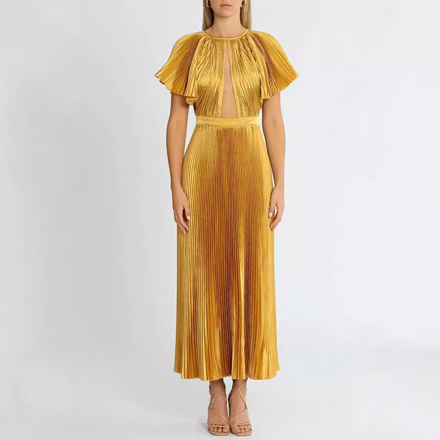 Women Clothing Dinner Party round Neck Pleated Dress Solid Color Ruffle Sleeve Women Evening Dresses Venly