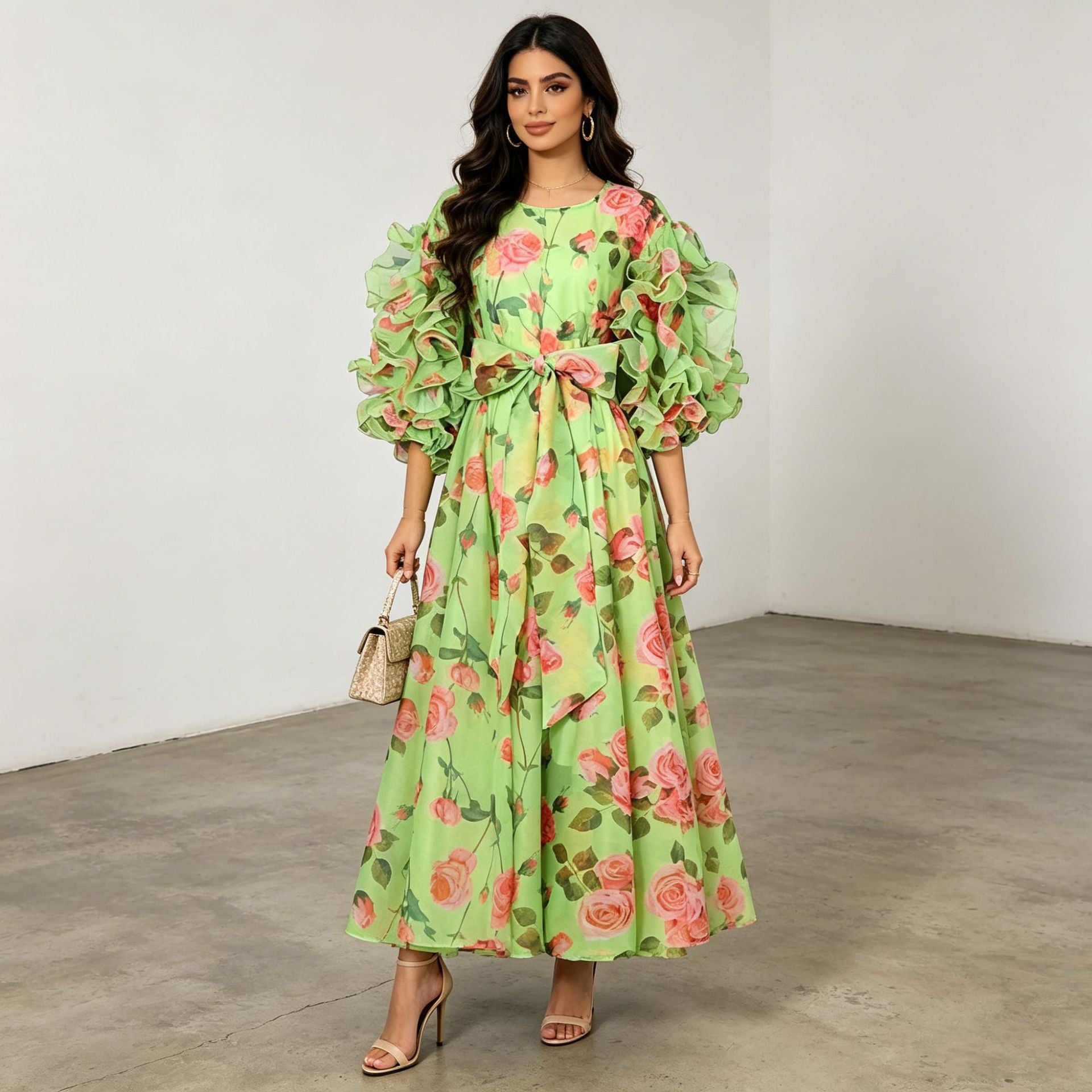 Retro Romantic Palace Rose Print Dress for Women round Neck Design Puff Sleeve Dress Ory