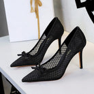 French High Heels Bow Pointed Shallow Mouth Mesh Lace Stiletto Heel Slip on Pumps Women ForestFootwear