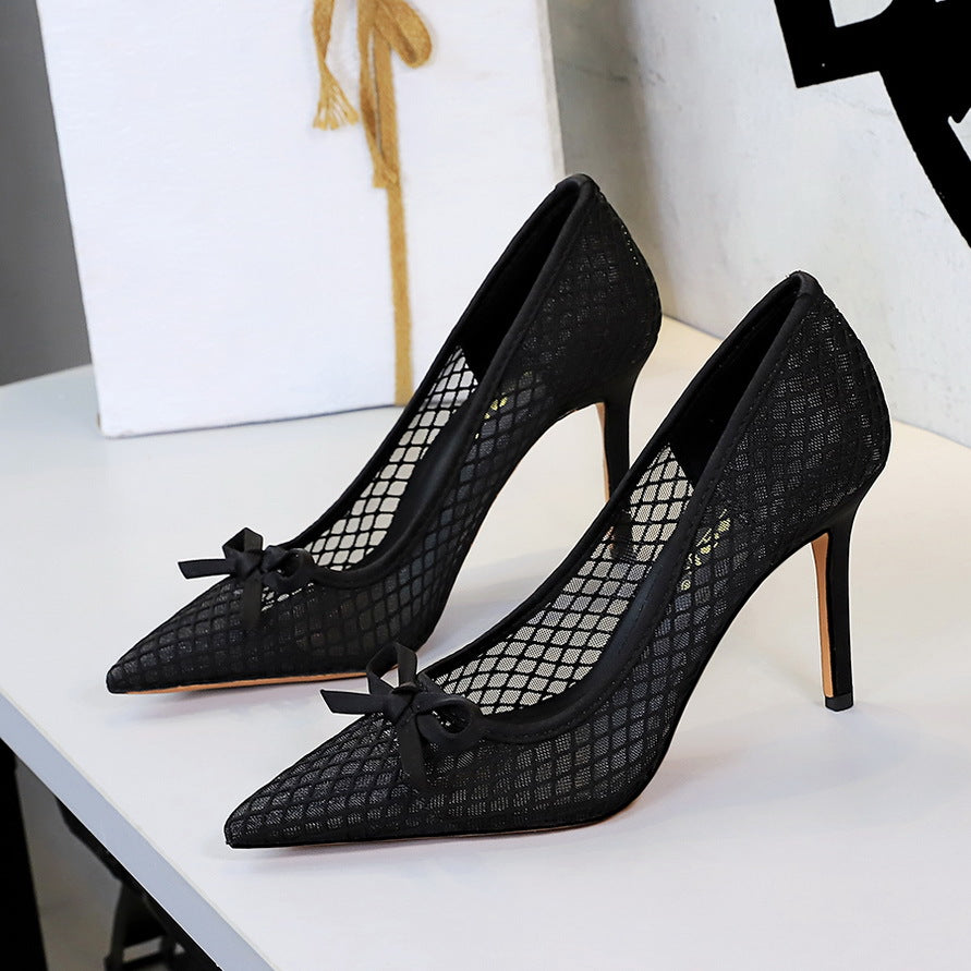French High Heels Bow Pointed Shallow Mouth Mesh Lace Stiletto Heel Slip on Pumps Women ForestFootwear