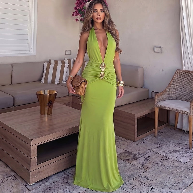 Spring Summer Sexy Deep V Plunge neck Backless Halter Solid Color Fishtail Elegant Dress Cecil