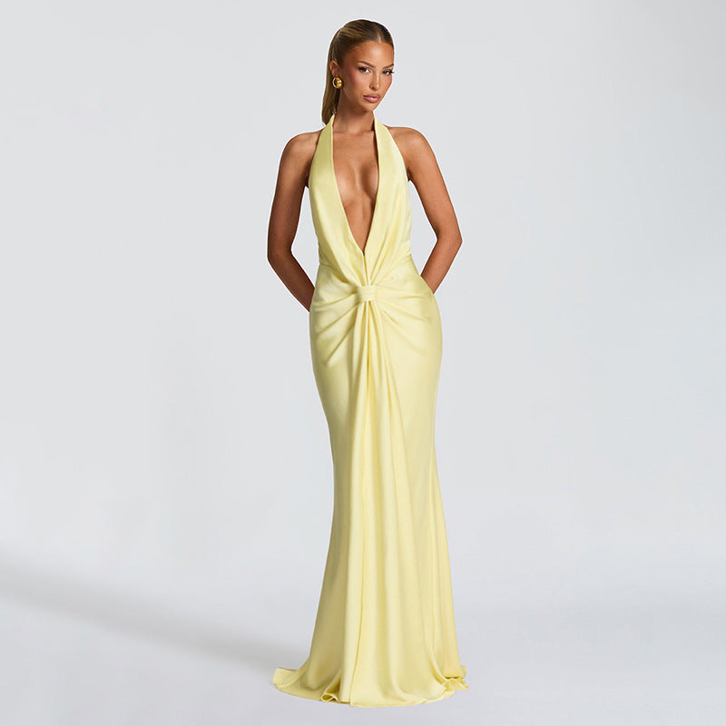 Autumn Winter Women Solid Color Deep V Plunge neck Halter Ribbon Pleated Sexy Backless Elegant Dress for Women YIMAIL
