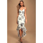Women Spring Summer New Black White Floral Print High Waist Backless Strap Dress DreamFashion
