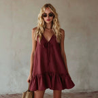Summer Retro Vacation V neck Sleeveless Ruffled Loose Dress Eping