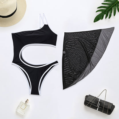 Swimsuit One-Piece Bikini Women Solid Color Swimsuit Mesh Two Piece Set Swimsuit