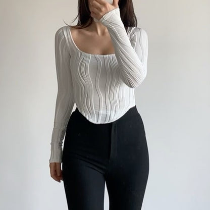 Summer French Design Pleated U Collar Simple Solid Color Slim Fit Long Sleeves Top Women