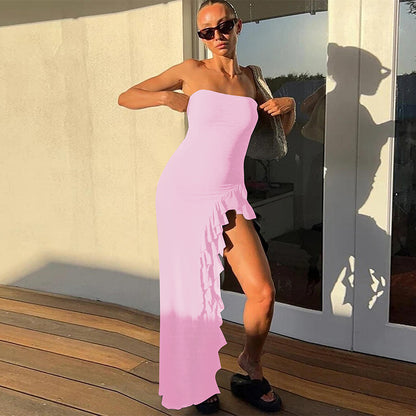 Women Clothing Summer Solid Color Ruffles Sexy Slit Tube Top Dress Hair