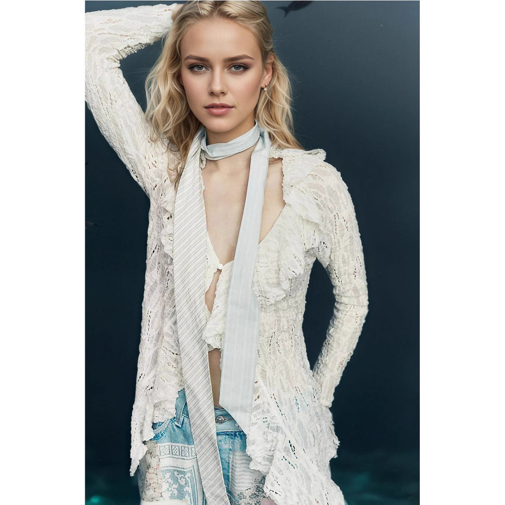 Lace V neck Shirt Women Autumn Ruffles Cardigan Long Sleeve Short Knitted Top Rogan