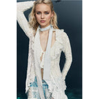 Lace V neck Shirt Women Autumn Ruffles Cardigan Long Sleeve Short Knitted Top Rogan