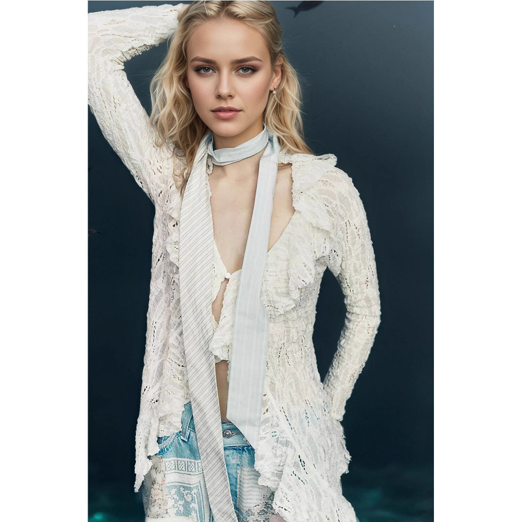 Lace V neck Shirt Women Autumn Ruffles Cardigan Long Sleeve Short Knitted Top Rogan