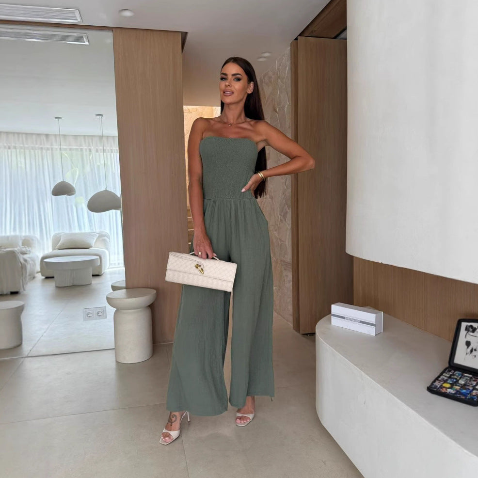 Summer Women Clothing Solid Color Waist Tight Chest Pocket Jumpsuit