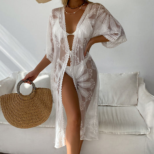Swimwear Coat Sunscreen Strap Sexy Cutout Cardigan Mid Length Outer Match Embroidered Beach Beach Cover Up