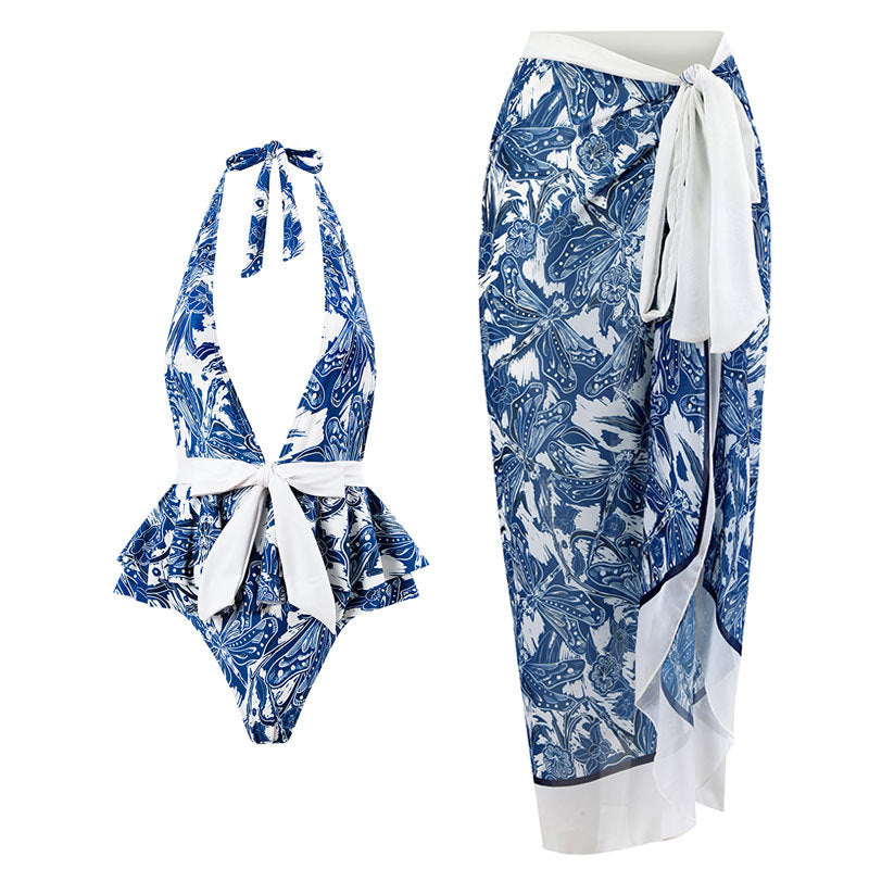 Traje de baño de una pieza para mujer, ajustado, adelgazante, vintage, estampado de gasa, vestido con soporte de acero, bolsa rígida