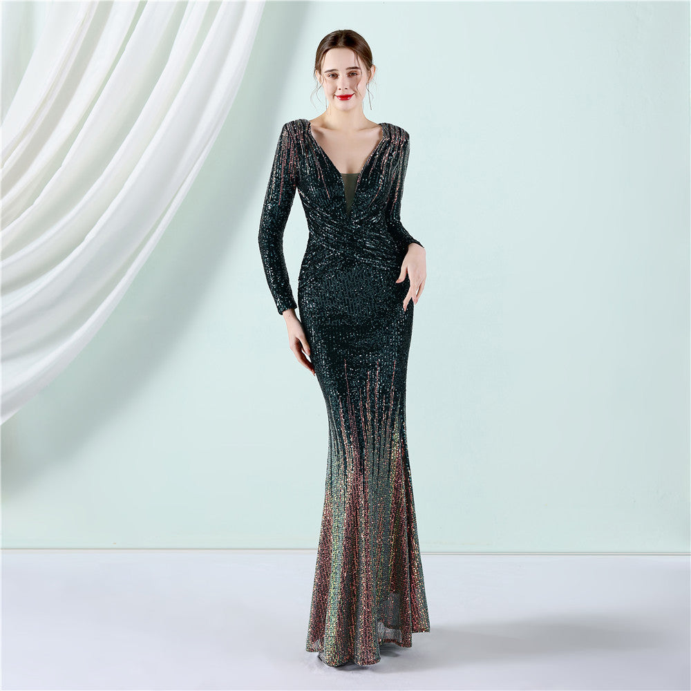 Gradient Sequin Long Sleeve Evening Dress Spring Summer Long Sequ Dress Toast Dress YENYU