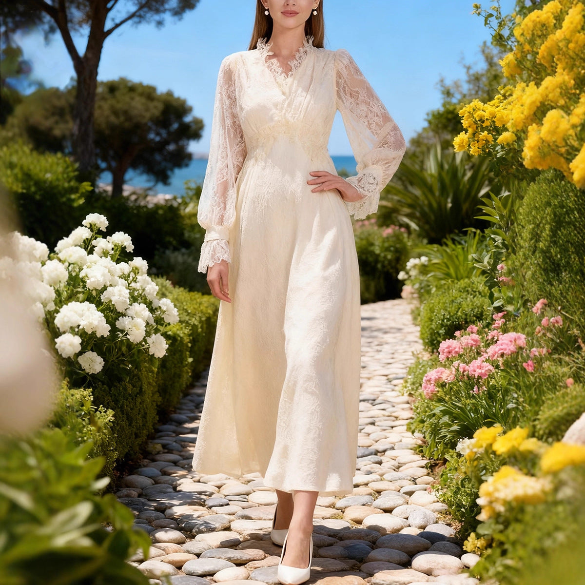 Lace Long Sleeve Elegant Dress Autumn High Sense V neck Waist Controlled Slimming Dress Women Sailfish