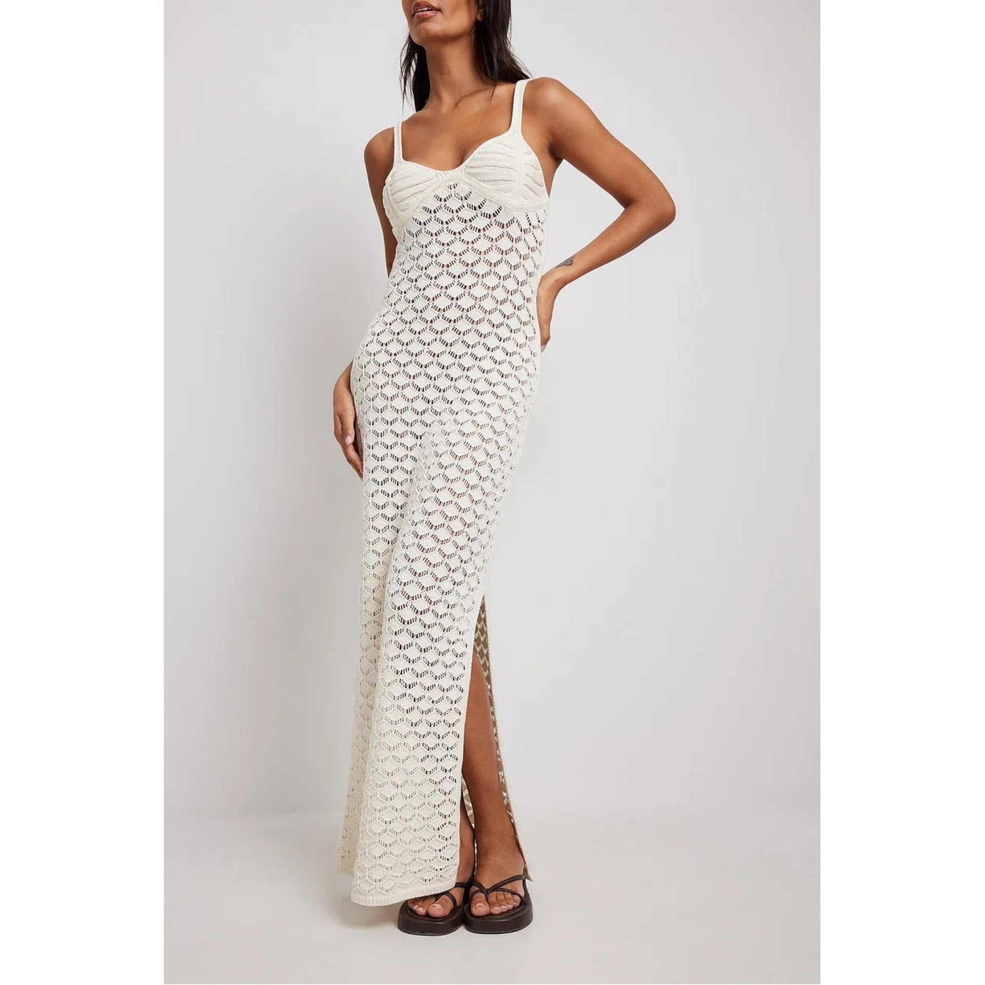 Summer Vacation Knitted Dress Women Suspender Side Slit Backless Hollow Out Pattern Knitted Dress MINODI