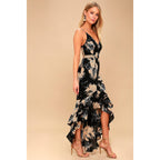 Women Spring Summer New Black White Floral Print High Waist Backless Strap Dress DreamFashion