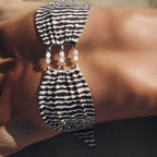 Black White Striped Printed Tube Top Hollow Out Cutout out Split Swimsuit for Women Bikini Thunder
