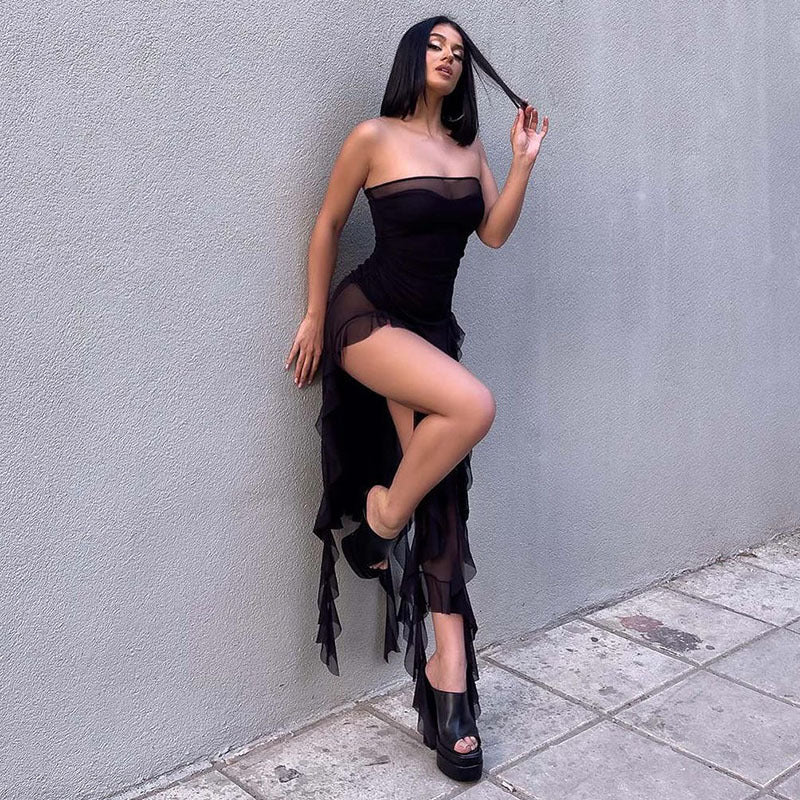 Mono de malla sexy para mujer, con abertura asimétrica irregular y borlas, para primavera y verano