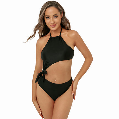 Bikini de color sólido dividido traje de baño halter sin espalda traje de baño sexy bikini