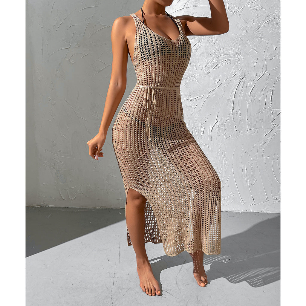 Vestido de punto con espalda descubierta y aberturas para mujer, blusa playera de vacaciones