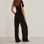 Conjunto de dos piezas de top bandeau negro con tirantes y cintura alta y pantalones anchos para primavera y verano