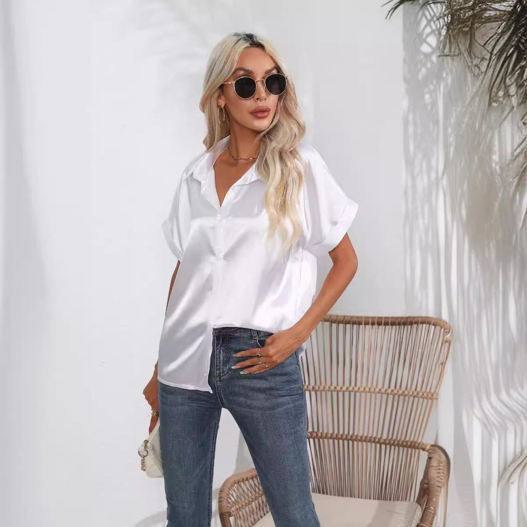 Chemise en satin à manches courtes, chemise boutonnée en satin, haut décontracté et ample pour femme