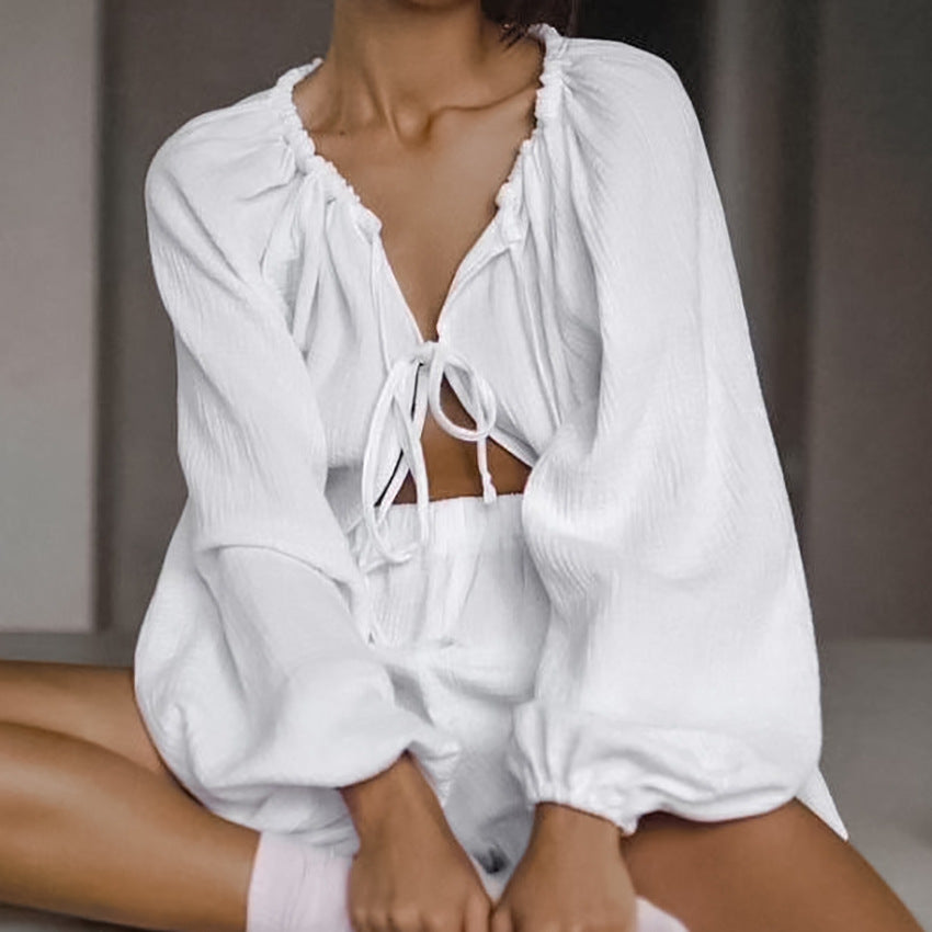 Pijama de algodón holgado e informal de otoño para mujer, cárdigan de manga larga y pantalones cortos, ropa de casa cómoda que se puede usar al aire libre.