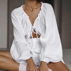 Pijama de algodón holgado e informal de otoño para mujer, cárdigan de manga larga y pantalones cortos, ropa de casa cómoda que se puede usar al aire libre.
