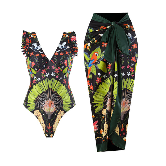 Traje de baño de una pieza para mujer, estampado, que cubre el vientre, falda fina de gasa con vuelo, traje de baño conservador para mujer