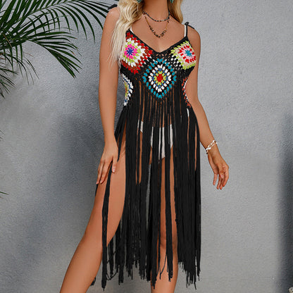 Sexy Hand Crocheting Tassel Beach Mid Length Dress Floral Block Beach Beach Cover Up Sun Protective Clothing