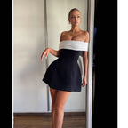 Robe printemps-été à épaules dénudées, couleur contrastée noire et blanche, taille serrée, design swing, nœud
