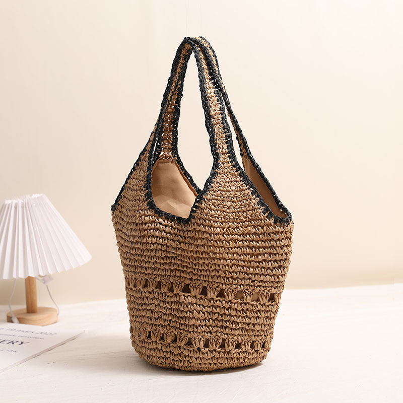 Bolso de paja de gran capacidad con un solo hombro, informal, con recortes, portátil, tejido, para playa y vacaciones en la playa. 