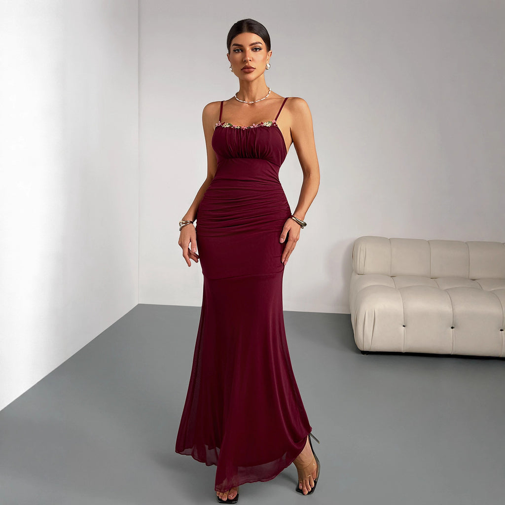 Vestido de cola de pez ajustado para mujer, vestido plisado con tirantes, ajustado, sexy, para fiestas, bodas y damas de honor.