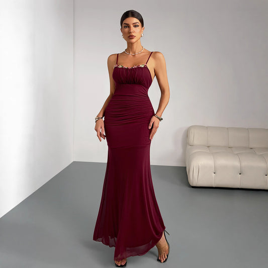 Slim Fit Fishtail Dress Women Sling Pleating Dress Slim Fit Sexy Party Party Wedding Bridesmaid