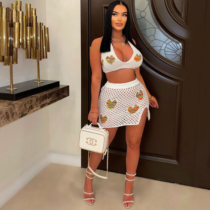 Women Clothing Sexy Love Jacquard Hollow Out Cutout Knitted Beach Skirt Set