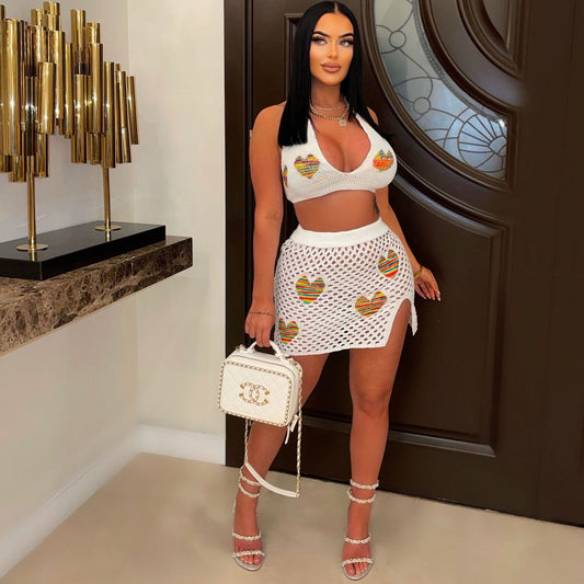 Women Clothing Sexy Love Jacquard Hollow Out Cutout Knitted Beach Skirt Set